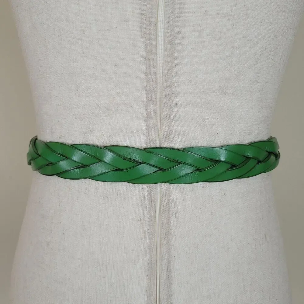 Green Leather Belt Women Medium Braided Woven Boho Minimalist Preppy Cottagecore